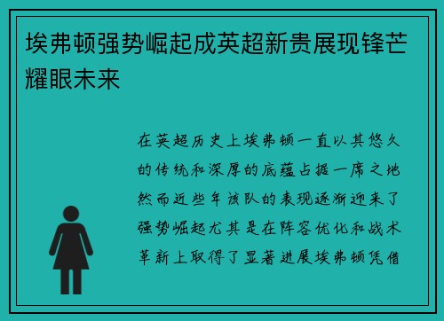 埃弗顿强势崛起成英超新贵展现锋芒耀眼未来 埃弗顿强势崛起成英超新贵展现锋芒耀眼未来