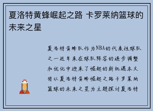 夏洛特黄蜂崛起之路 卡罗莱纳篮球的未来之星 夏洛特黄蜂崛起之路 卡罗莱纳篮球的未来之星